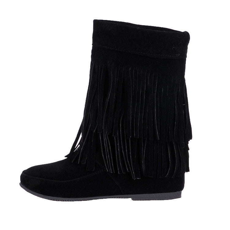 Ladies Tassel Wedge Heel Mid Calf Boots