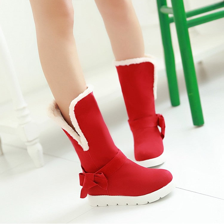 Round Toe Bow Tie Fold Flat Platform Mid-Calf Boots for Women