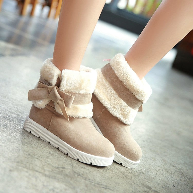 Round Toe Bow Tie Fold Flat Platform Mid-Calf Boots for Women