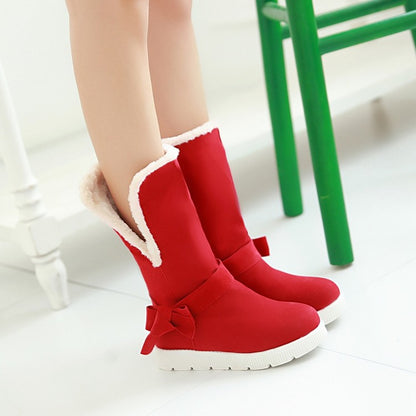 Round Toe Bow Tie Fold Flat Platform Mid-Calf Boots for Women