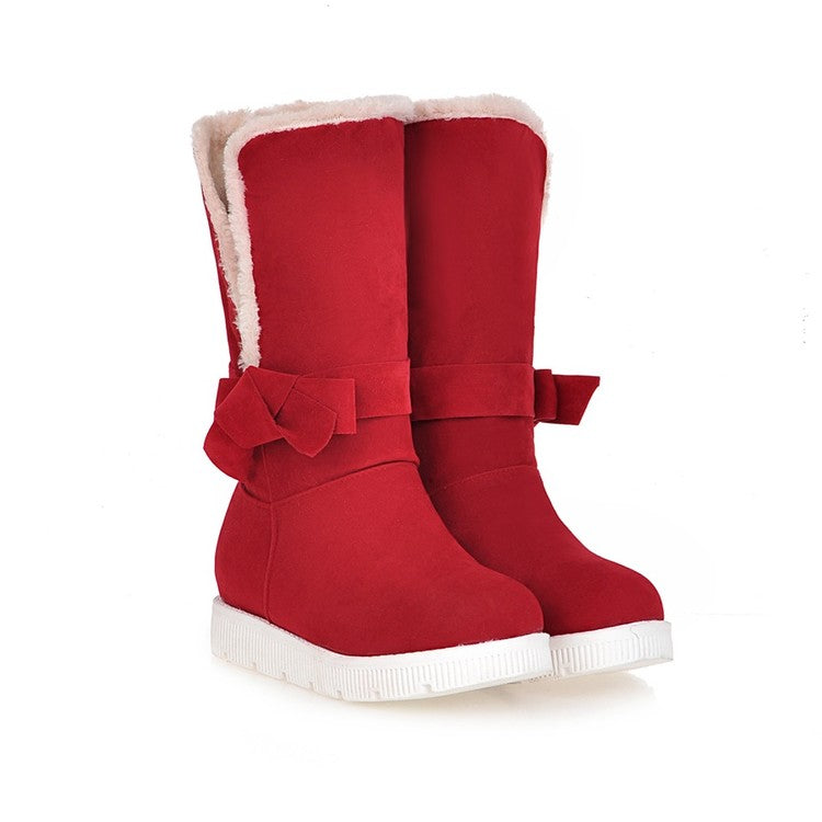 Round Toe Bow Tie Fold Flat Platform Mid-Calf Boots for Women