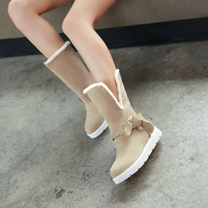 Round Toe Bow Tie Fold Flat Platform Mid-Calf Boots for Women