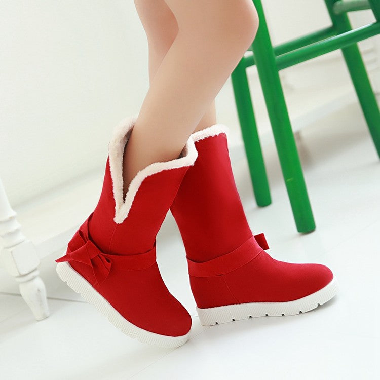 Round Toe Bow Tie Fold Flat Platform Mid-Calf Boots for Women