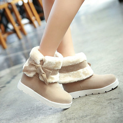 Round Toe Bow Tie Fold Flat Platform Mid-Calf Boots for Women