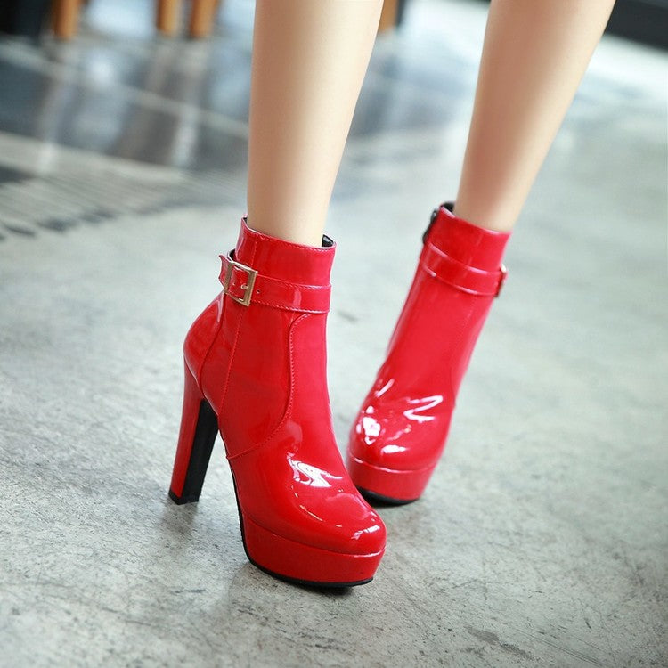 Ladies Glossy Almond Toe Buckles Belts Chunky Heel Platform Short Boots