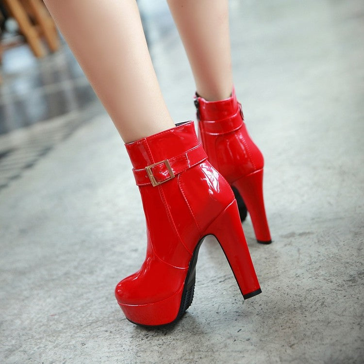 Ladies Glossy Almond Toe Buckles Belts Chunky Heel Platform Short Boots