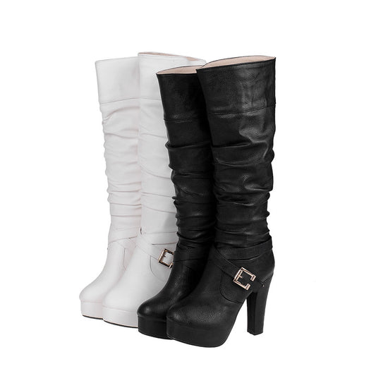 Ladies Buckle Platform High Heel Knee High Boots