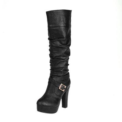 Ladies Buckle Platform High Heel Knee High Boots