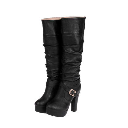 Ladies Buckle Platform High Heel Knee High Boots