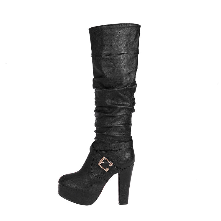 Ladies Buckle Platform High Heel Knee High Boots