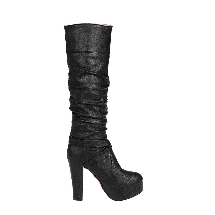 Ladies Buckle Platform High Heel Knee High Boots