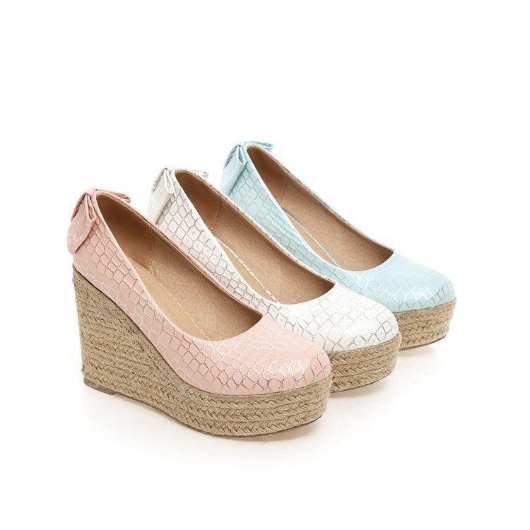 Ladies Pumps Crocodile Pattern Woven Wedge Heel Platform Shoes