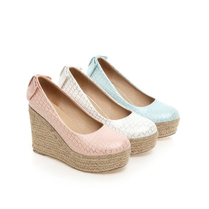 Ladies Pumps Crocodile Pattern Woven Wedge Heel Platform Shoes