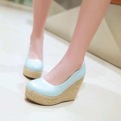 Ladies Pumps Pu Leather Round Toe Woven Wedge Heel Platform Shoes