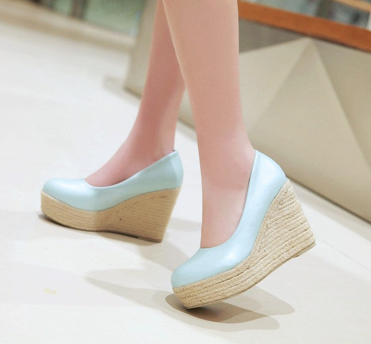 Ladies Pumps Pu Leather Round Toe Woven Wedge Heel Platform Shoes