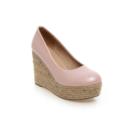 Ladies Pumps Pu Leather Round Toe Woven Wedge Heel Platform Shoes