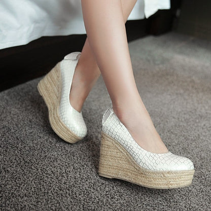 Ladies Pumps Crocodile Pattern Woven Wedge Heel Platform Shoes