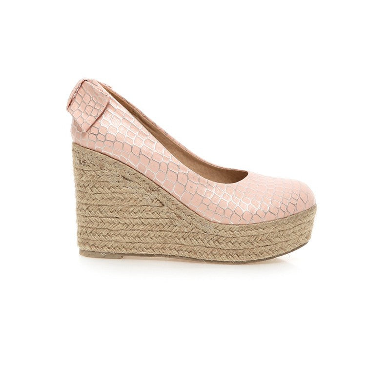 Ladies Pumps Crocodile Pattern Woven Wedge Heel Platform Shoes