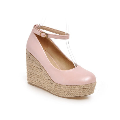 Ladies Pumps Candy Color Pu Leather Round Toe Woven Wedge Heel Platform Shoes