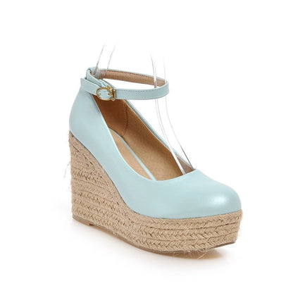 Ladies Pumps Candy Color Pu Leather Round Toe Woven Wedge Heel Platform Shoes