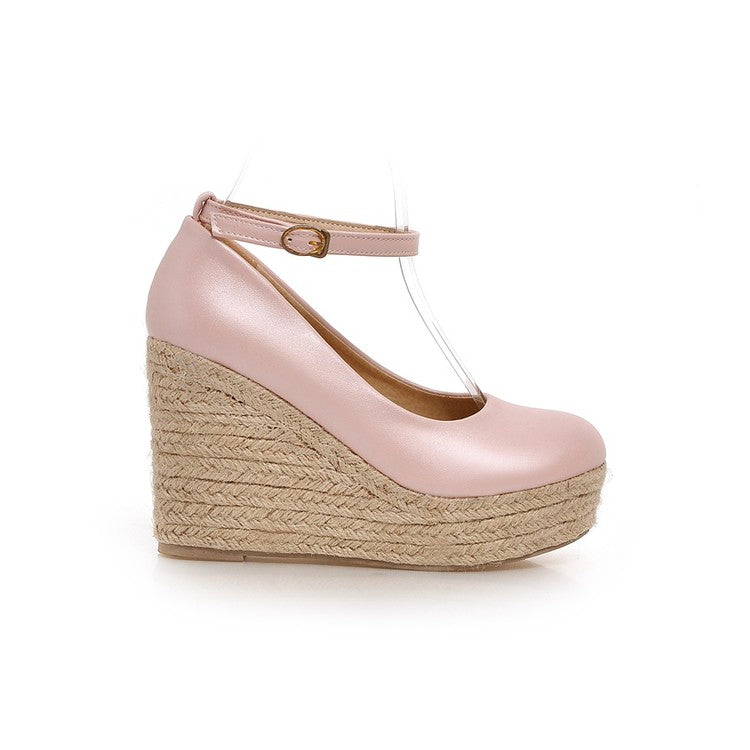 Ladies Pumps Candy Color Pu Leather Round Toe Woven Wedge Heel Platform Shoes