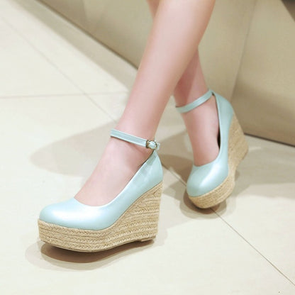 Ladies Pumps Candy Color Pu Leather Round Toe Woven Wedge Heel Platform Shoes