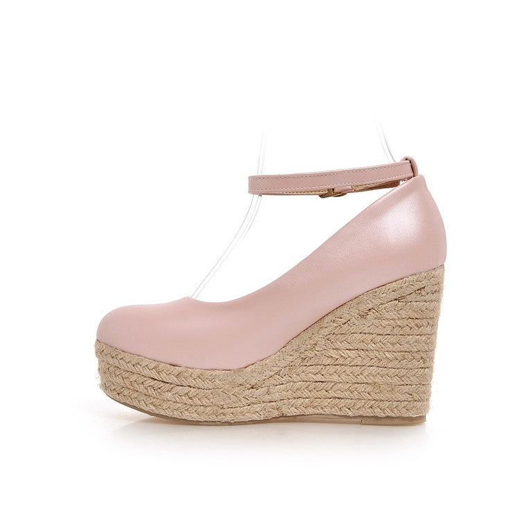 Ladies Pumps Candy Color Pu Leather Round Toe Woven Wedge Heel Platform Shoes