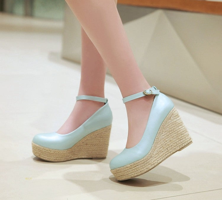 Ladies Pumps Candy Color Pu Leather Round Toe Woven Wedge Heel Platform Shoes