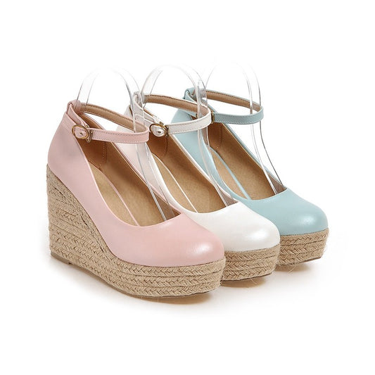 Ladies Pumps Candy Color Pu Leather Round Toe Woven Wedge Heel Platform Shoes