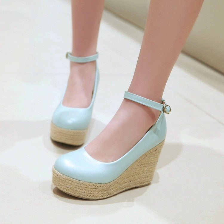 Ladies Pumps Candy Color Pu Leather Round Toe Woven Wedge Heel Platform Shoes