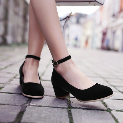 Ladies Flock Ankle Strap Block Heel Pumps