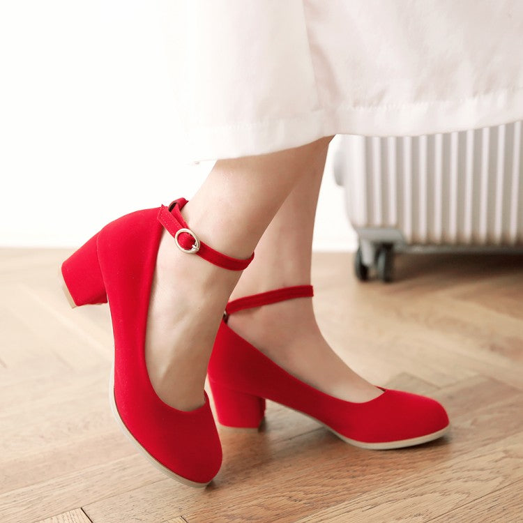 Ladies Flock Ankle Strap Block Heel Pumps