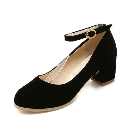 Ladies Flock Ankle Strap Block Heel Pumps