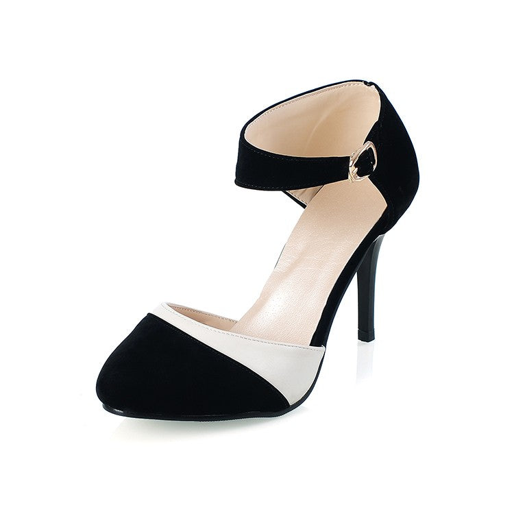 Ladies Color Block Pointed Toe Ankle Strap Buckle Stiletto High Heel Sandals