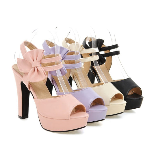 Ladies Solid Color Peep Toe Double Ankle Strap High Heel Platform Sandals