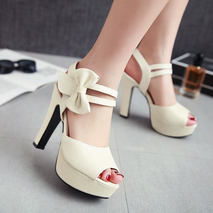 Ladies Solid Color Peep Toe Double Ankle Strap High Heel Platform Sandals