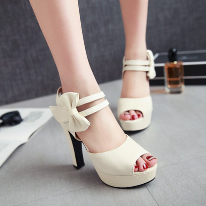 Ladies Solid Color Peep Toe Double Ankle Strap High Heel Platform Sandals