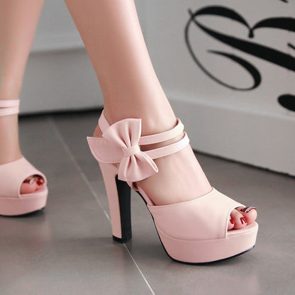 Ladies Solid Color Peep Toe Double Ankle Strap High Heel Platform Sandals