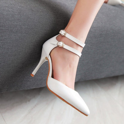 Ladies Solid Color Pointed Toe Double Ankle Strap Spool Heel High Heeled Sandals