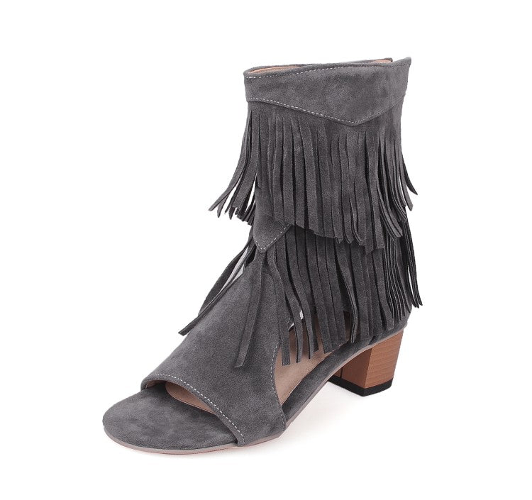 Ladies Solid Color Suede Tassel Round Toe Hollow Out Block Heel Sandals