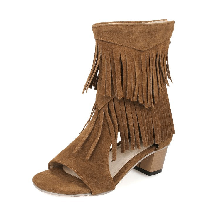 Ladies Solid Color Suede Tassel Round Toe Hollow Out Block Heel Sandals