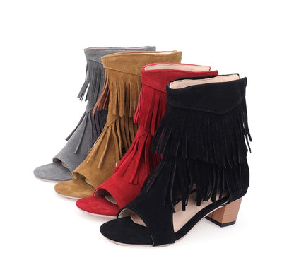 Ladies Solid Color Suede Tassel Round Toe Hollow Out Block Heel Sandals