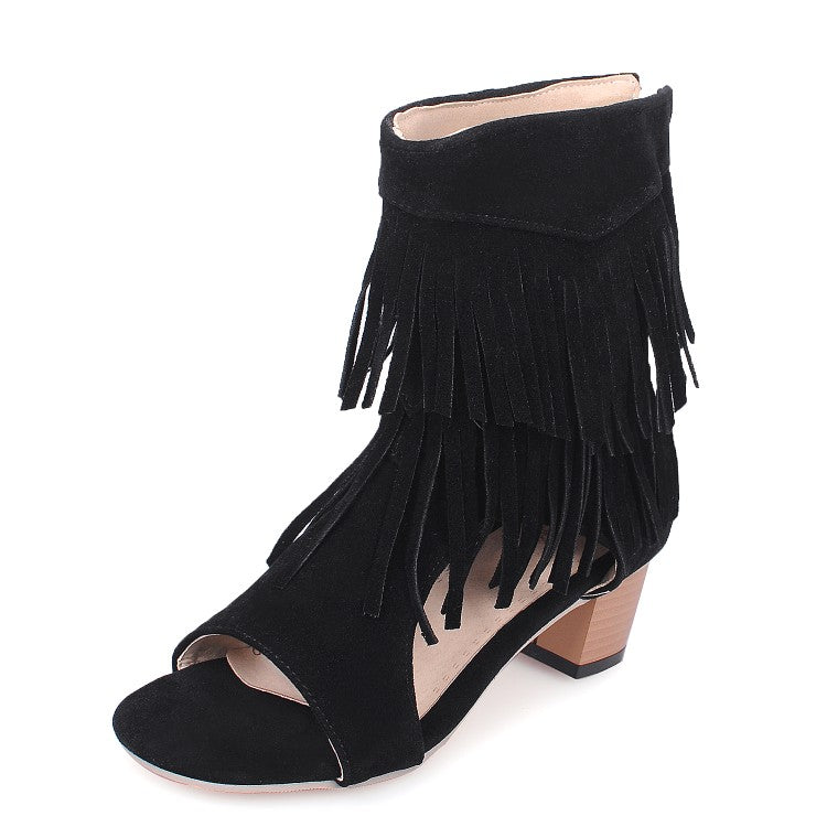 Ladies Solid Color Suede Tassel Round Toe Hollow Out Block Heel Sandals