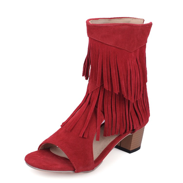 Ladies Solid Color Suede Tassel Round Toe Hollow Out Block Heel Sandals