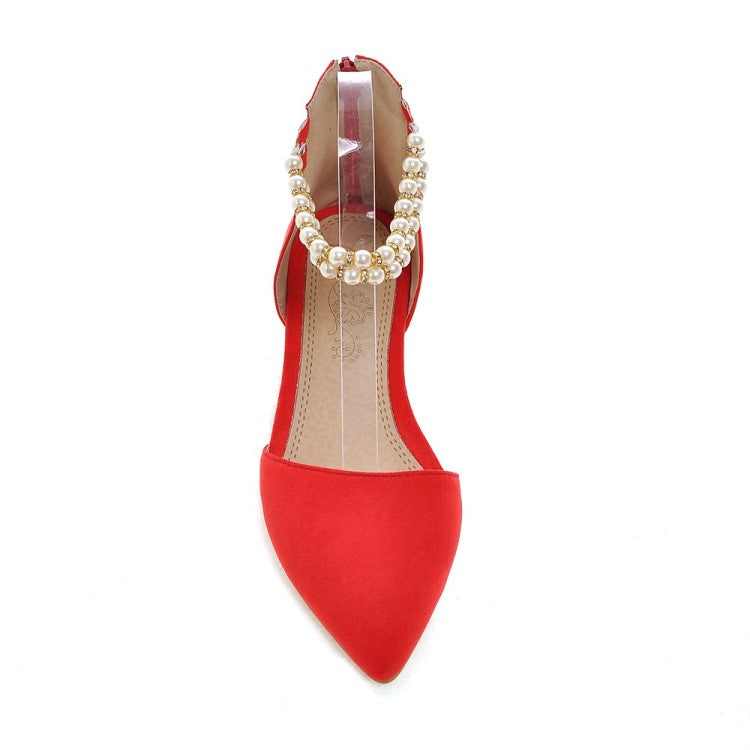 Ladies Pointed Toe Solid Color Pearls Beading Ankle Strap Flat Sandals