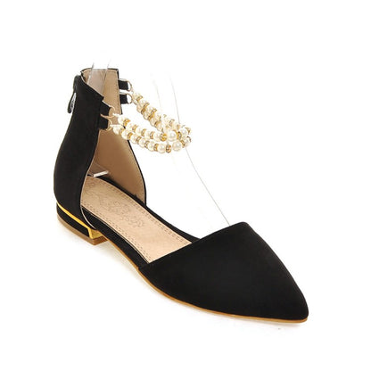 Ladies Pointed Toe Solid Color Pearls Beading Ankle Strap Flat Sandals