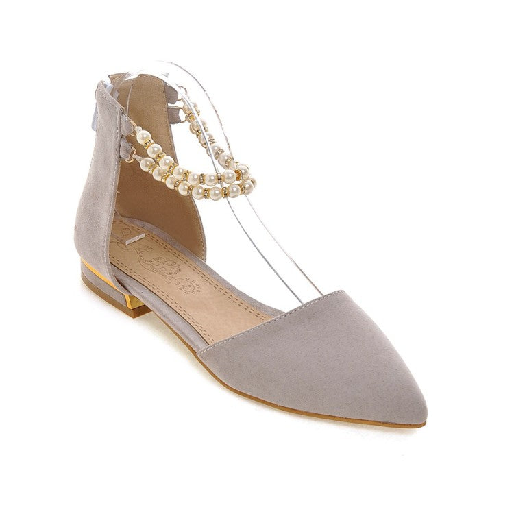 Ladies Pointed Toe Solid Color Pearls Beading Ankle Strap Flat Sandals