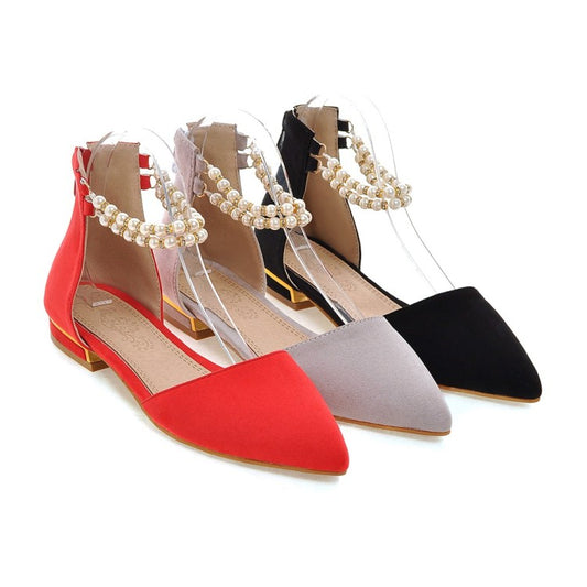 Ladies Pointed Toe Solid Color Pearls Beading Ankle Strap Flat Sandals