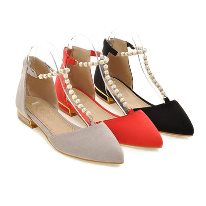 Ladies Solid Color Pointed Toe Pearls Beading Flat Sandals