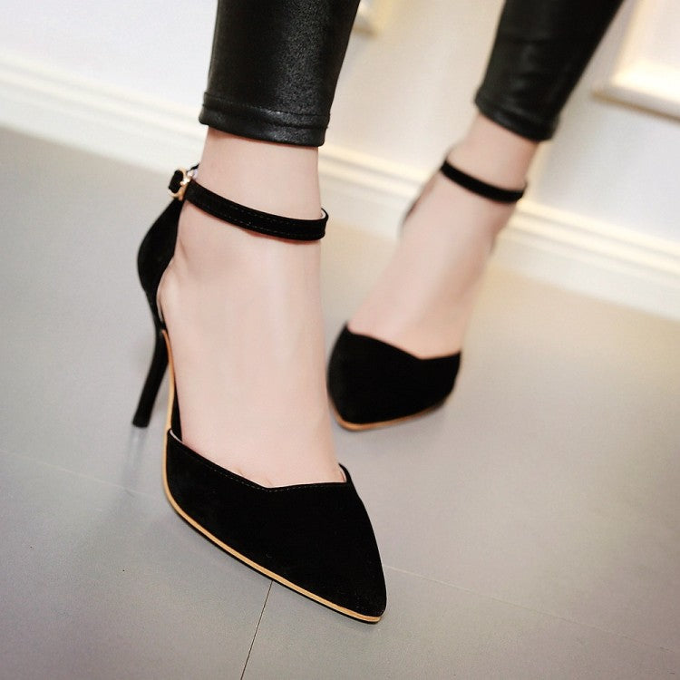 Ladies Suede Pointed Toe Ankle Strap Stiletto High Heel Sandals